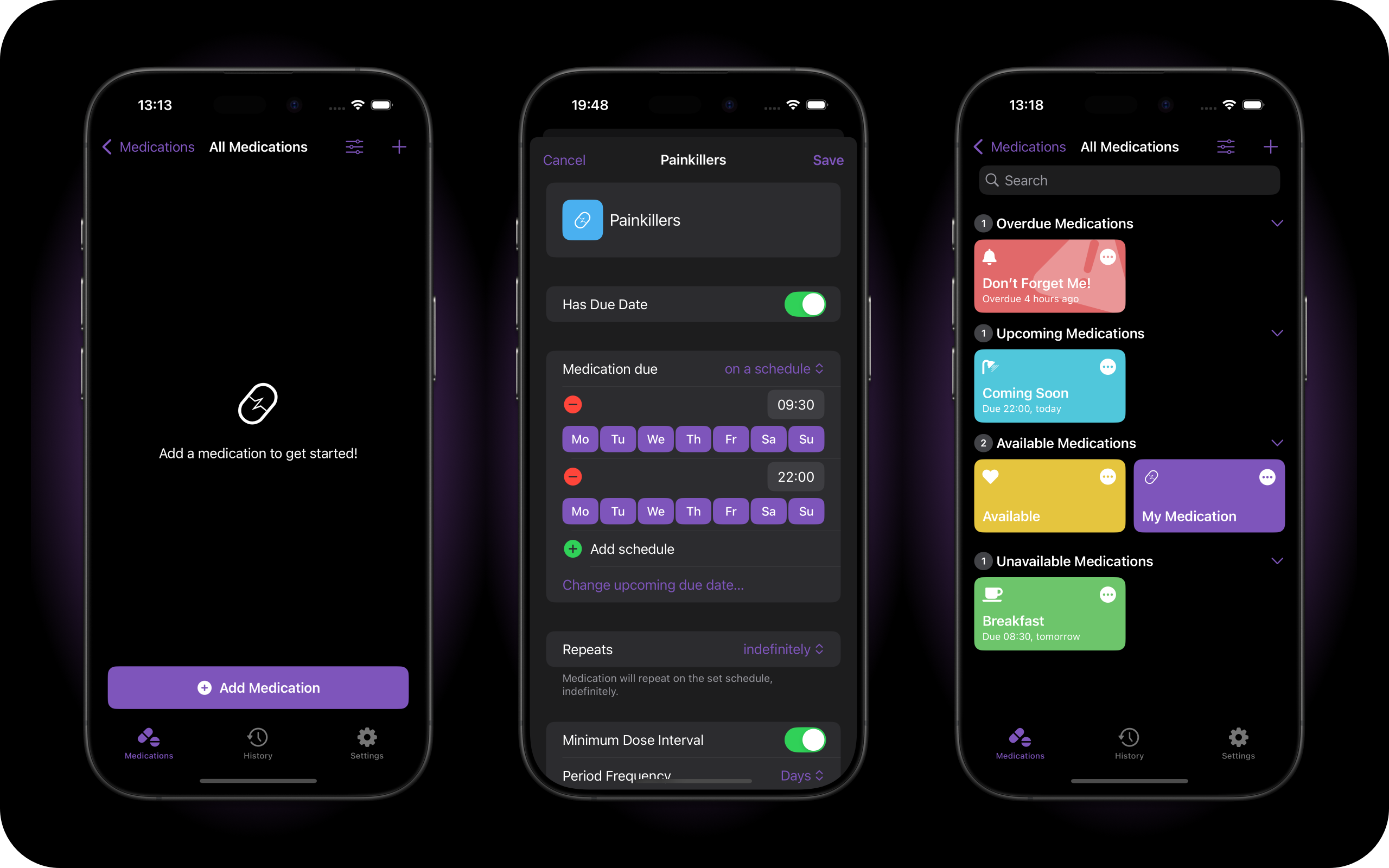 A composite of screenshots from an iPhone showing Capsule in three different states. With no medications configured, configuring a medication and with a selection of medications configured..